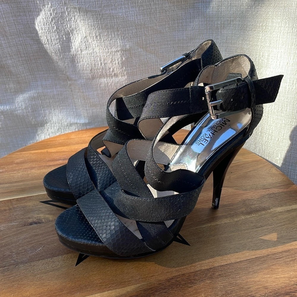 Michael Kors Women's Designer Snake Print Heels Shoes Size 9.5 Open-Toe Black